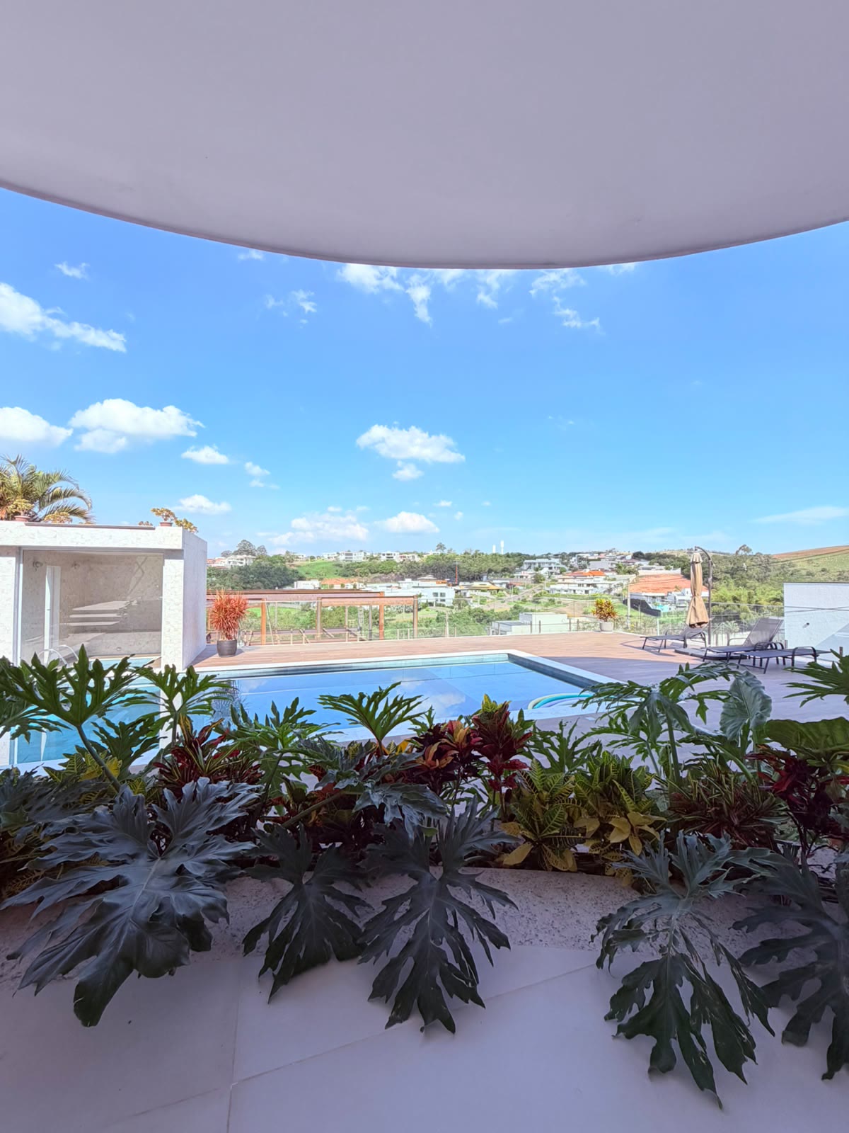 Canteiro com folhagens em primeiro plano e piscina ao fundo